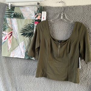 Guess palm leaf knee length skirt size M w/ green crop top size L